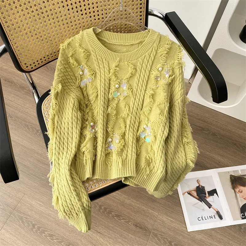 

2023 Autumn Winter Sequin Design Lazy Sweater Long Sleeve Soft Glutinous Top Advanced Sense Fashion Knitting