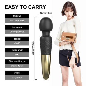 Black Wand Massager Rechargeable Powerful for Women 20 Speed 50dbs Quiet Personal Silicone Soft Magic Wand Vibrator for Clitoris 6