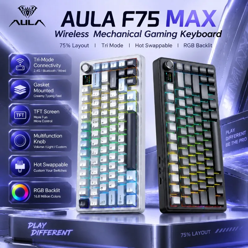 لوحة مفاتيح ميكانيكية للألعاب AULA F75 MAX، تصميم 75%، لاسلكية، مع إمكانية تبديل المفاتيح بسهولة، وقاعدة تثبيت Gasket، وإضاءة RGB، وشاشة TFT، ومقبض تحكم، متوافقة مع أجهزة الكمبيوتر الشخصي وأجهزة ماك.