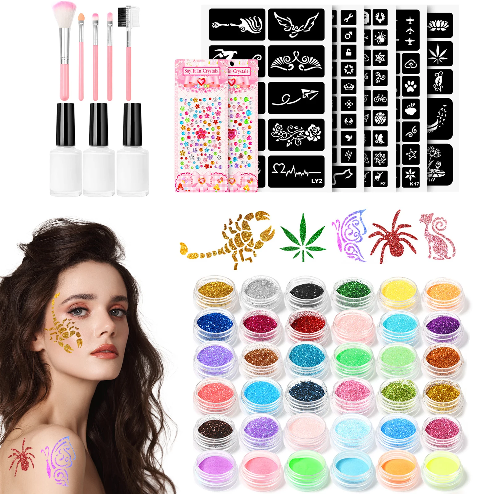 Kit de tatuagem glitter com estêncil, pincel de cola, maquiagem, design de arte corporal para pessoas, pó para pintura corporal infantil, 36 cores