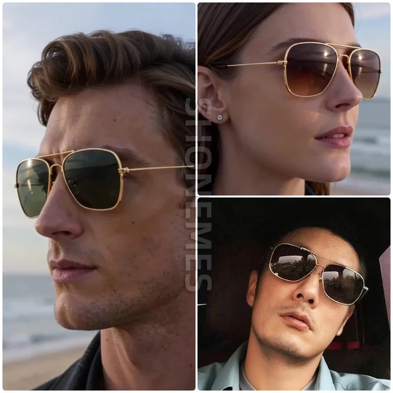 Shonemes Vintage Square Sunglasses with Double Bridge Metal Frame and UV400 Protection