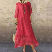Women's L-5XL Plus Size Summer Round Neck Short Sleeve Lace Long Dress Vintage Handmade Hollow Flower Dress Lace Loose Casual