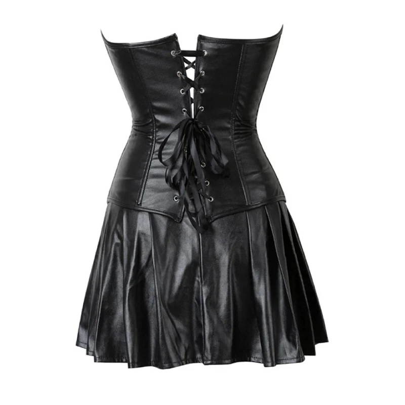 Faux Leather Corset Top Women Leather Corset Dresses Zipper Gothic PU Leather Corset Sexy Ladies Eyelet Up Pleated Dress Corsets