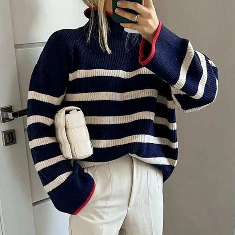 

Sexy Contrast Stripe Print Knitted Sweater Women Autumn Turtleneck Loose Top Pullover Winter Long Sleeve Streetwear Jumper Mujer