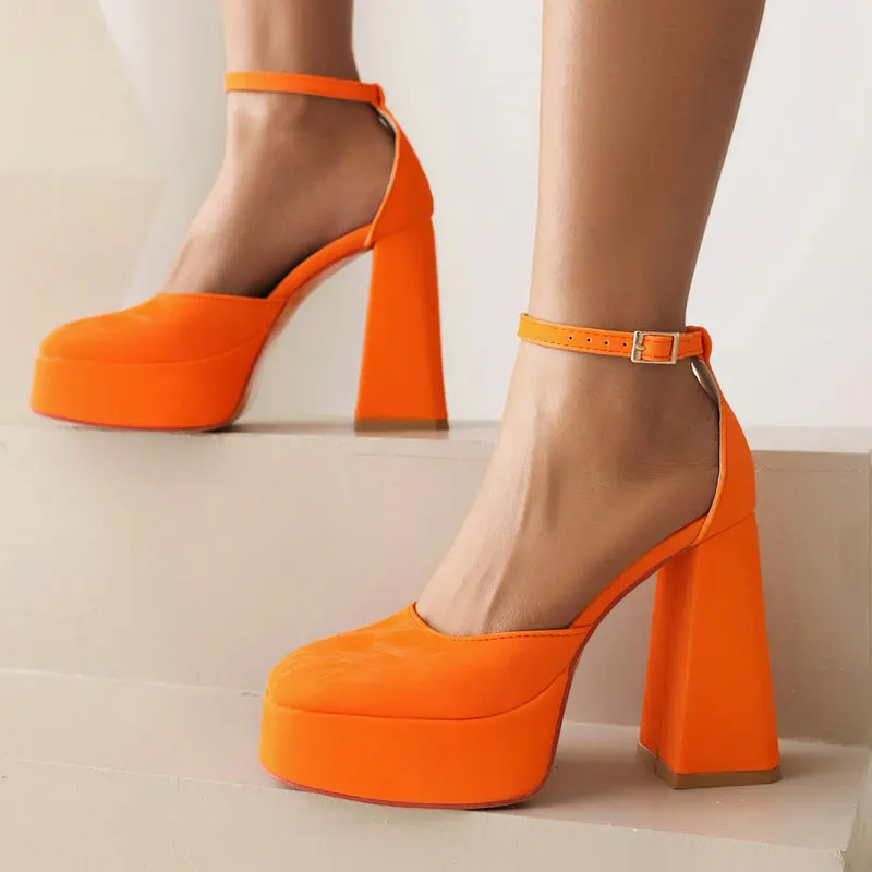 

Orange Pink Closed Toe 2023 Summer Sexy Lady Party Wedding Pumps Platform Mary Janes Block High Heels Women Heeled Sandals Shoes