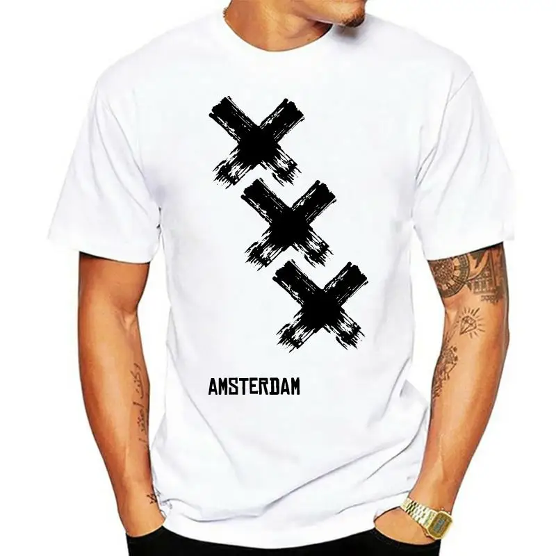 

Black And White Tops Tees Amsterdam Dry Brush Graphic T Shirts Normal Short Sleeve 100% Cotton Crew Neck Mens T Shirts