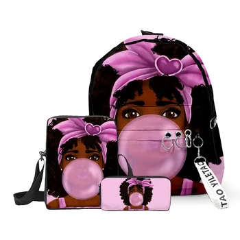 Classico popolare divertente ragazza africana stampa 3D 3 pezzi / set borse da scuola per alunni zaino per laptop zaino borsa a tracolla inclinata astuccio 1