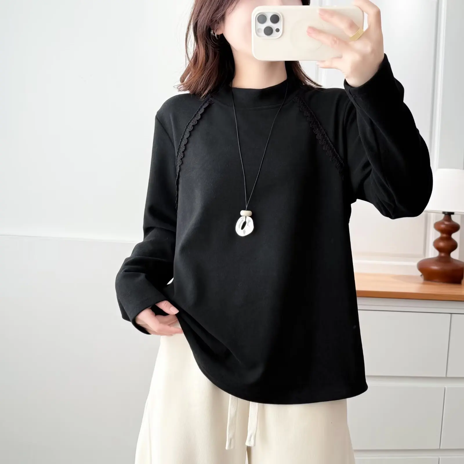 XXXXL Fashion Plus Size Women's T-Shirt Inner L2025 autumn/winter Warm Lace Patchwork round-neck Long Sleeved Tops 2549
