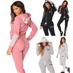 New Women's Love Printed Sportswear Set Full Zip Hoodie and Pants Casual Sports Set 2-Piece Jogging Set