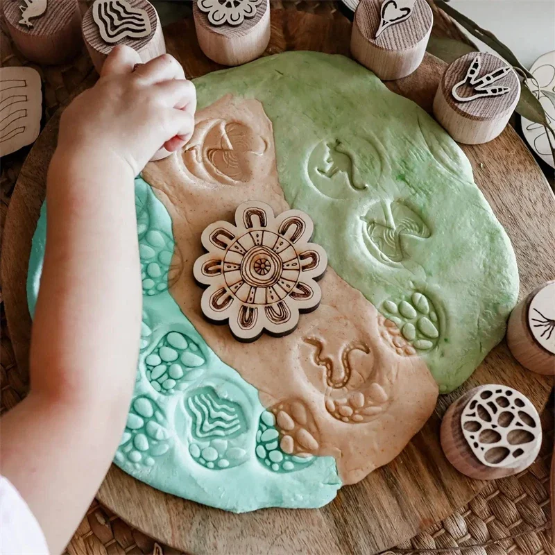 Montessori Wooden Play Dough Stampers Tools Weather Insect Nature Stamps Kids  Playdough Fun Activity Sensory Toys for Children