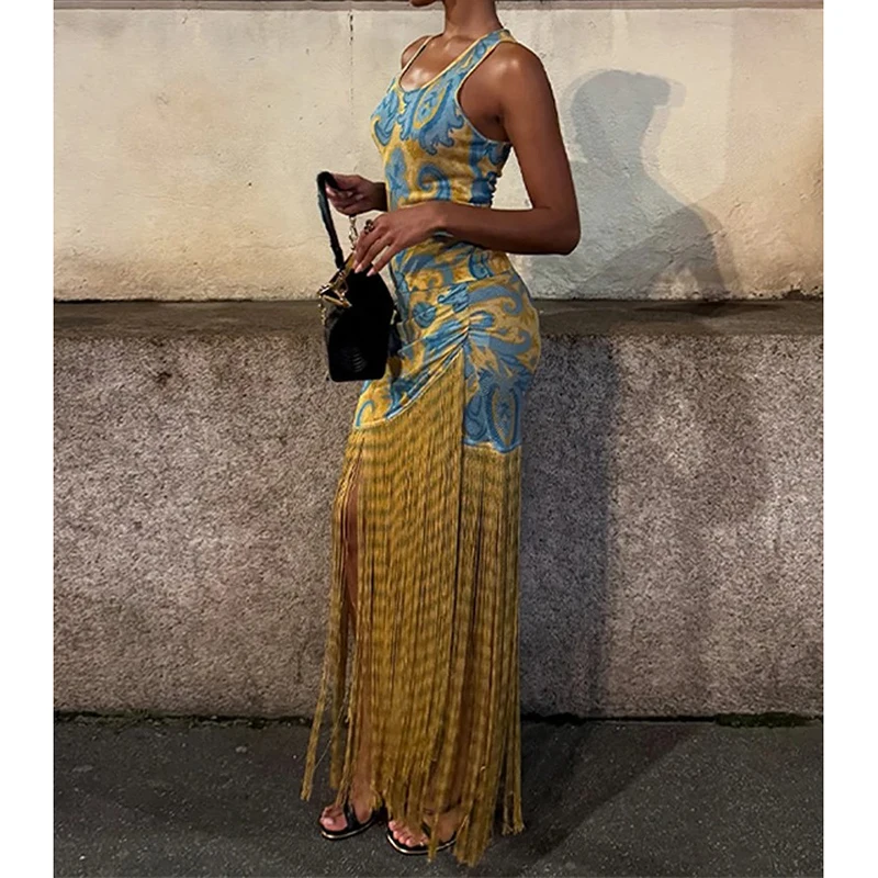Temperament Long Dresses for Women Printed Patchwork Asymmetrical Tassel Bodycon  Dress Summer 2025 High Grade Vintage Sexy Dress - AliExpress 200000345