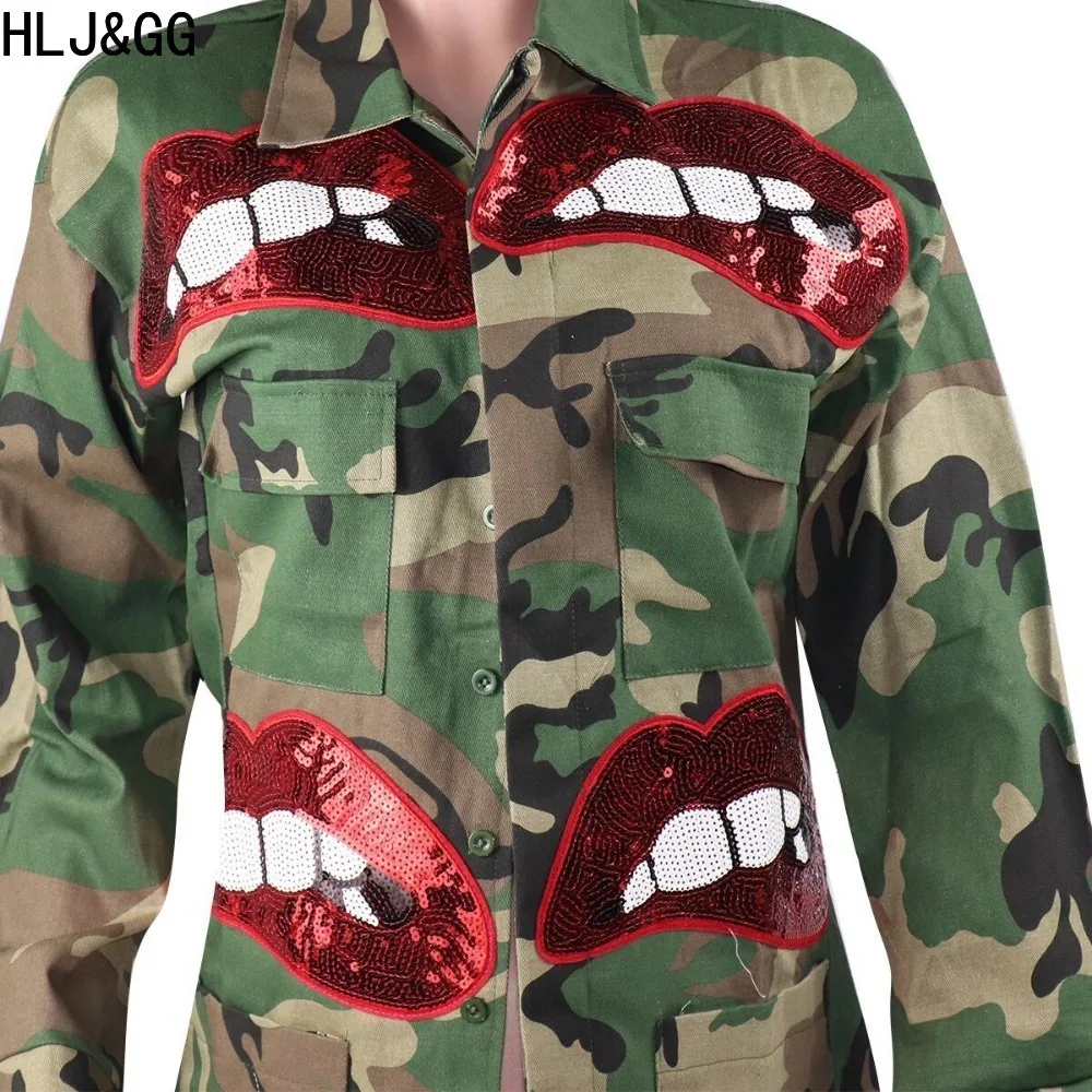 HLJ&GG Autumn Casual Camouflage Pattern Printing Coats Women Turndown Collar Long Sleeve Button Loose Tops Female Pocket Shirts