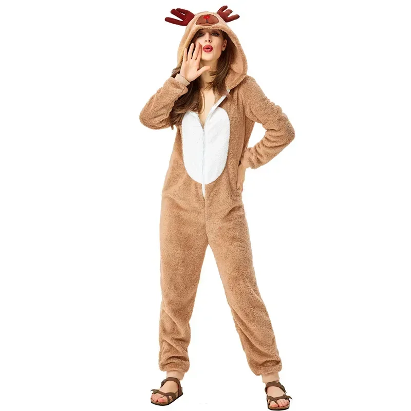 Unisex Adult Christmas Reindeer Costume Girl Women Hooded Cozy Fawn Deer Costume Cosplay Onesie Cartoon Pajamas