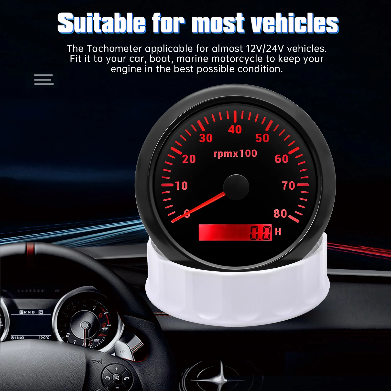 HD 85mm Tachometer With LCD Hourmeter 7 Color Backlight Tacho Gauge 3000 4000 6000 7000 8000 RPM For Marine Boat Car 12V/24V