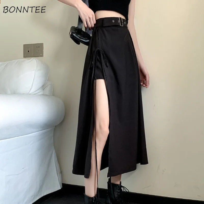 

Side Slit Skirts Women Black Solid Simple Lace-up Design Asymmetrical Niche Korean Style High Waist Young Girls Summer Clothing