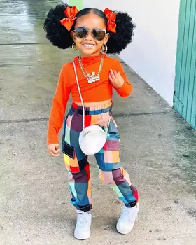 Qunq Girls' Spring Fashionable Solid Color Long Sleeved Top Plaid Leggings Two-piece Set 3