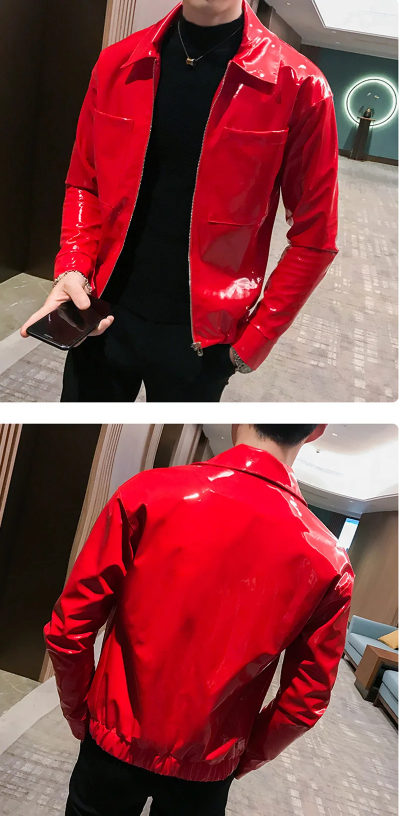 vintage leather bomber jacket PFNW Shiny Leather Jackets Men's Costume Red Black Brown Nightclub Club Men's Leather Jacket Solid Color Slim Men's Jacket Coats western leather jacket