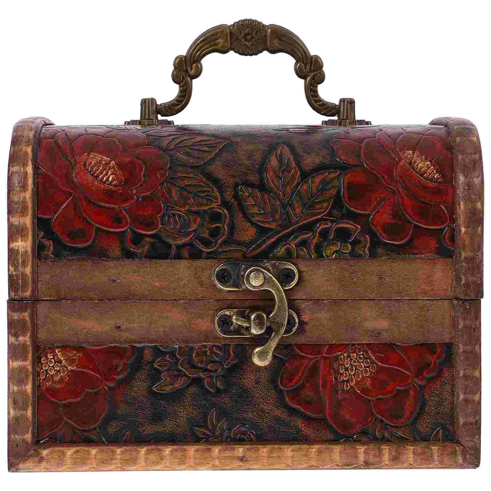 

Retro Wooden Treasure Chest Jewelry Storage Container Organizer Case Embossed Keepsake Large Lidded Display Ring