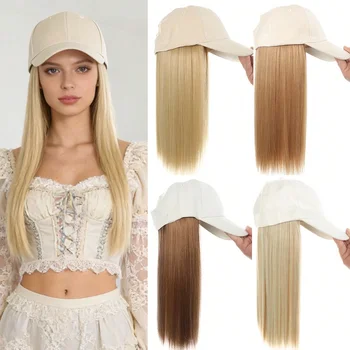 Synthetic Hat Wig with Long Straight Black Hair Baseball Cap Hair Extension Stylish & Convenient All-in-One Design for Women 1