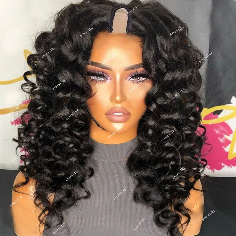 

Loose Water Wave Natural Black V Part Wig Human Hair 100% Indian Virgin Hair Deep Kinky Curly U Part Wigs Side/Middle Shape 250%