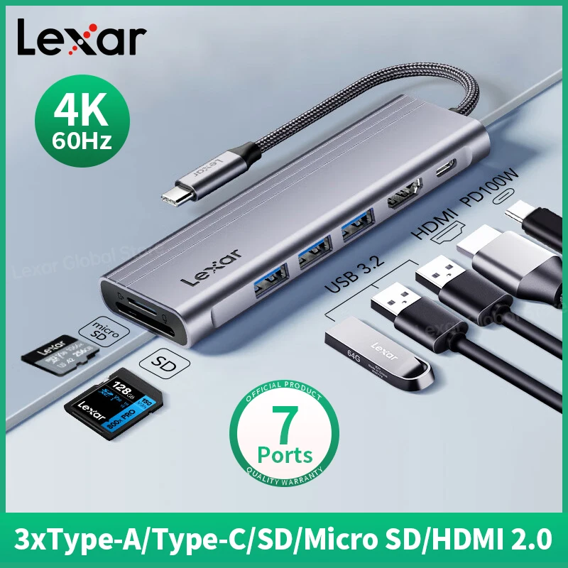 USB C Hub USB Hub Type C Adapter Hub Lexar Docking Station Hub USB Type C Apple Mac Huawei Multifunctional 7-in-1 Converter for Laptop/Desktop Docking