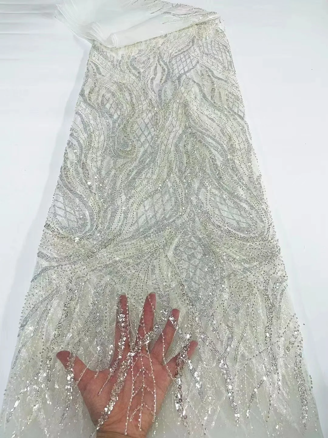 

Pure White Luxury Beaded Fabric African Handmade Sequins Lace Tulle Fabric Nigerian Fashion For Bride Evening Birthday Dress Sew