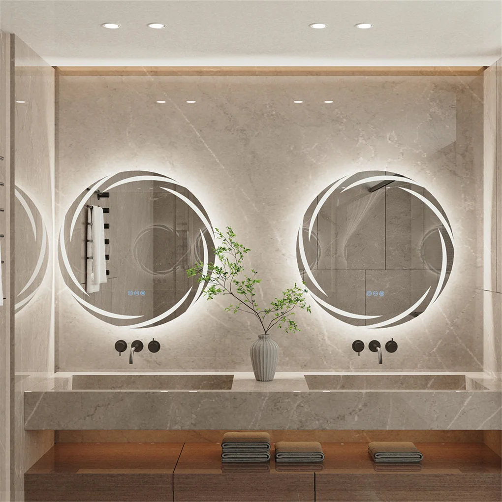 Anti-fog LED Bathroom Mirror Circle Backlit HD Wall Mounted Vanity Mirror Shatterproof 3 Colors Lights Adjust 3