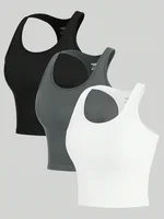 3 Piece Yoga Vest Women Gym Sports Racerback Crop Tops Seamless Streetwear Rib Knit Workout BreathableTank Top Female - Image 3