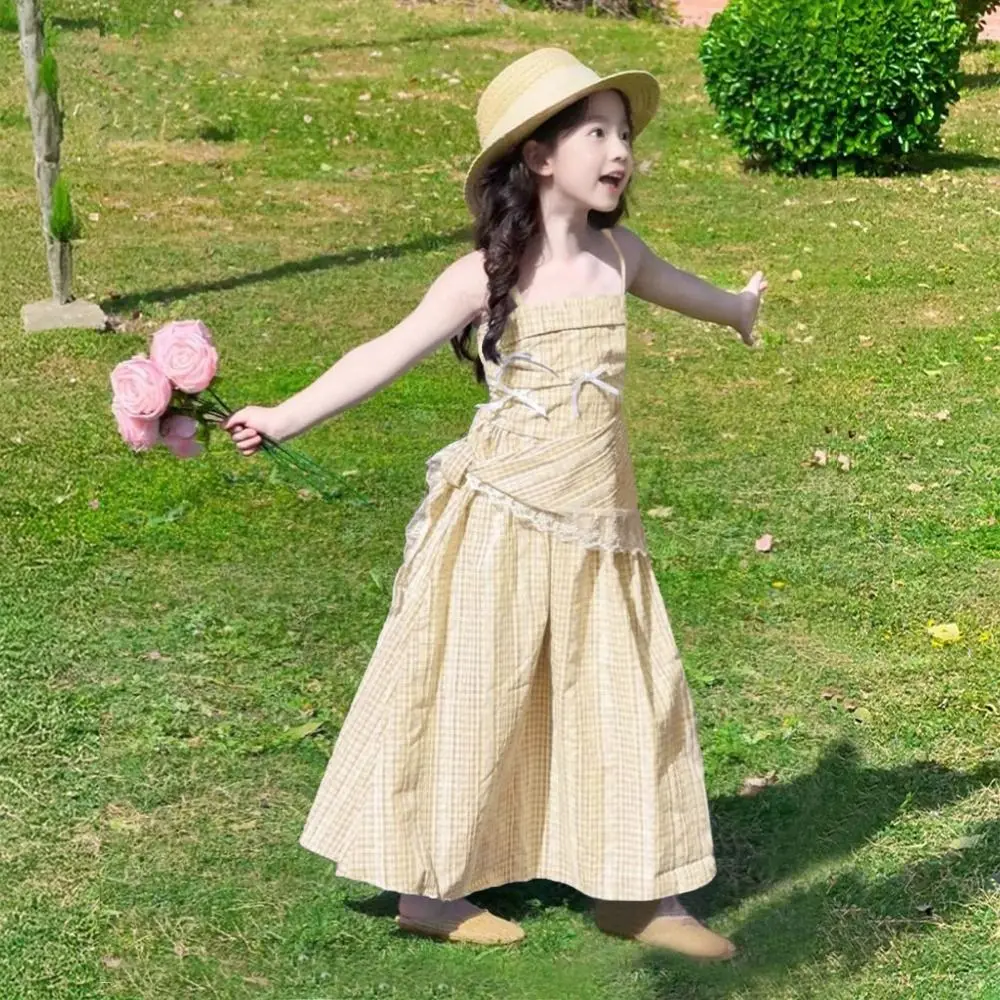 Fashion Loose Girls Princess Grid Dress Teenagers Beach Vacation Summer Kids Dresses Sweet Party Children Sling Dress Students