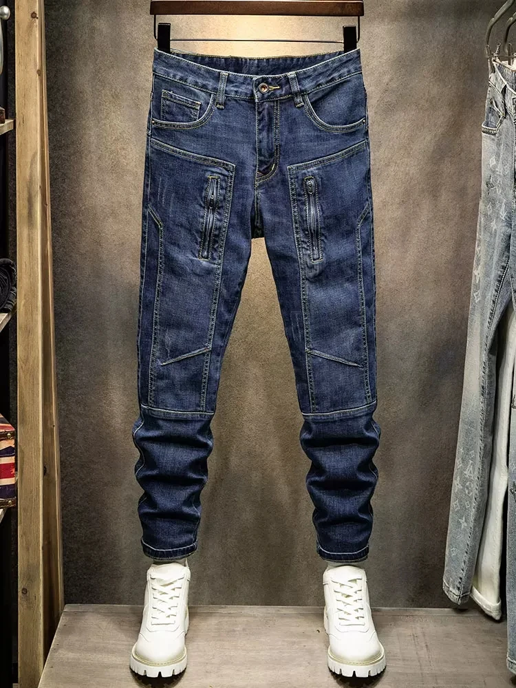High Street Fashion Men Jeans Retro Blue Elastic Stretch Slim Fit Patched Ripped Jeans Men Zipper Pocket Designer Hip Hop Pants