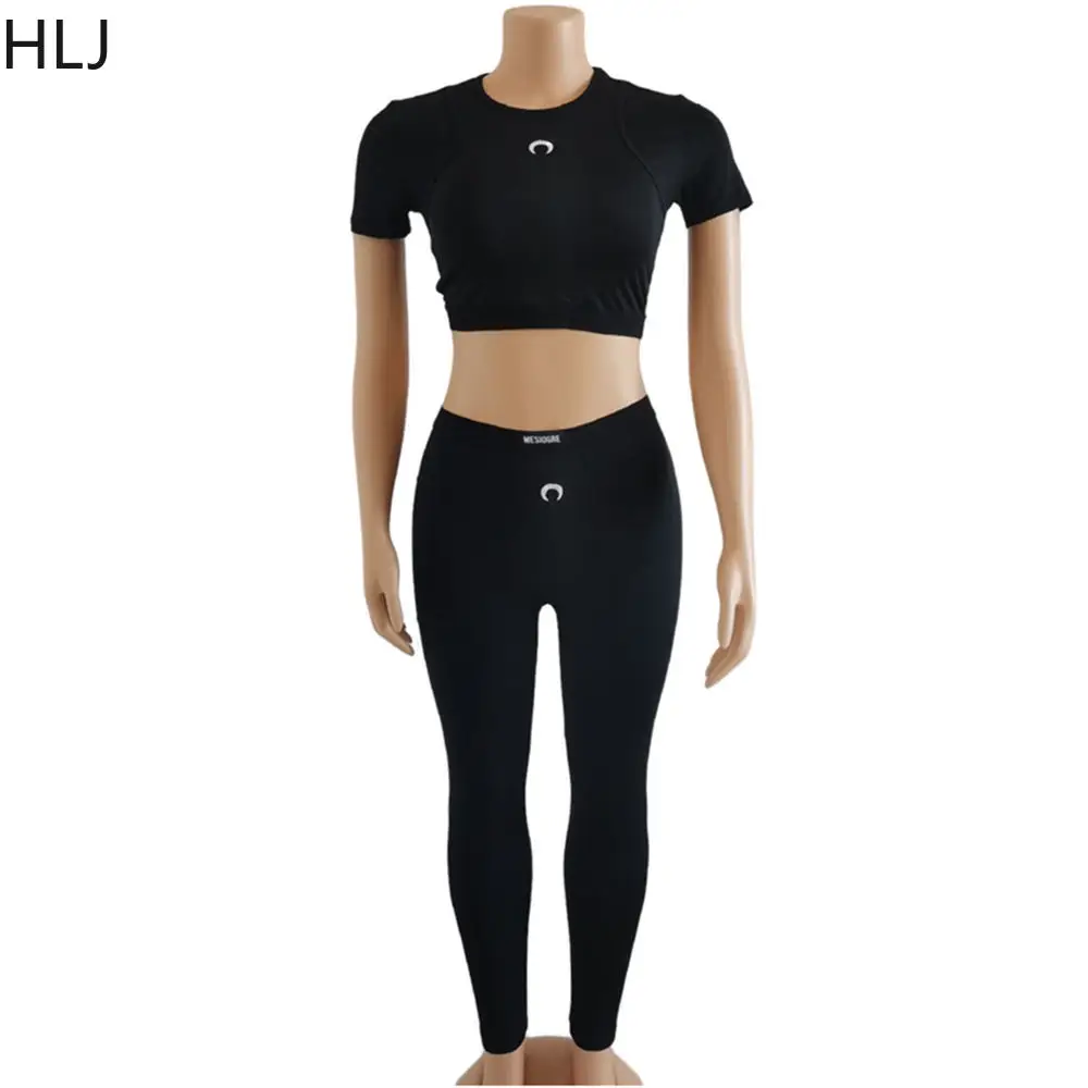 HLJ Black Casual Embroidery Skinny Pants Sets Women Round Neck Short Sleeve Top+Legging Pants Two Piece Sets Female 2pcs Outfits
