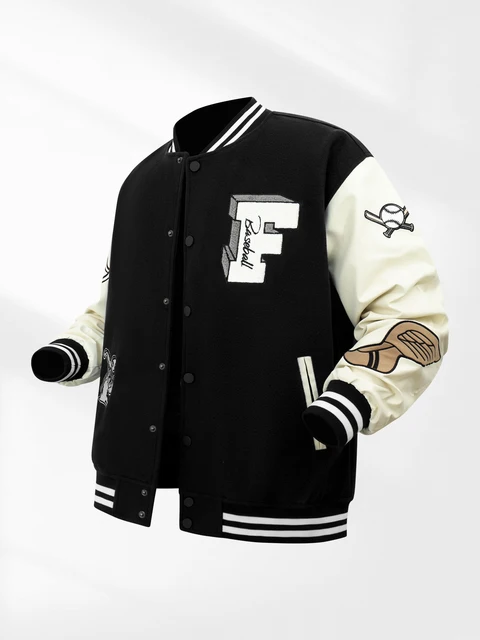 Mens Vintage Leather Patchwork Jacket Embroidery Motorcycle Coats Varsity Baseball Bomber Jackets Fall&Winter Loose Outerwear