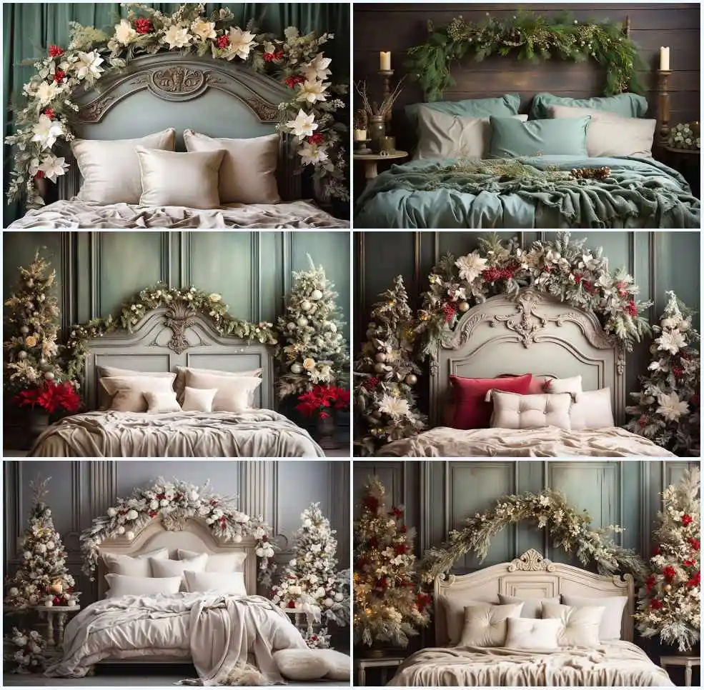 

Avezano Christmas Headboard Backdrop Interior European Style Wall Xmas Tree Flowers Photography Background Portrait Photo Props