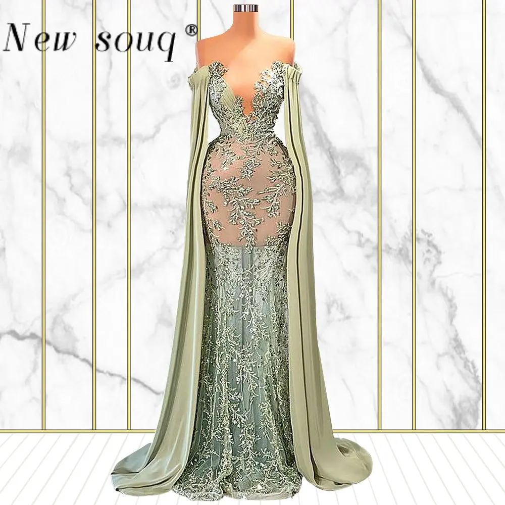 

Sage Green Beaded Mermaid Long Evening Dresses With Cape Sexy V Neck Women Prom Gowns Illusion Formal Wedding Party Dresses