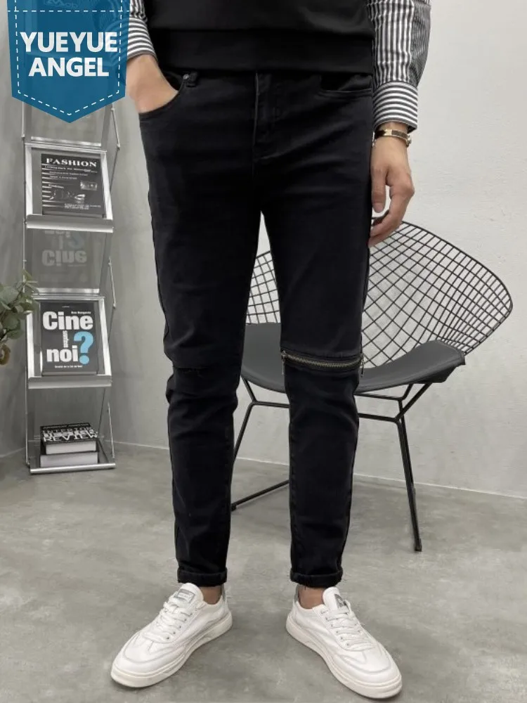 

Washed Vintage Mens Jeans Hole Ripped Personality Zipper Streetwear Denim Pants Punk Casual Trousers Men Slim Fit Pencil Pants