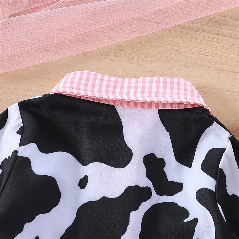 Focus norm 1-6y Mode kleine Mädchen Kleidung setzt 2 stücke Kuh Leopard Revers Hals Rüschen Button Down Shirt Flare Jeans hose mit Gürtel – Detail 7