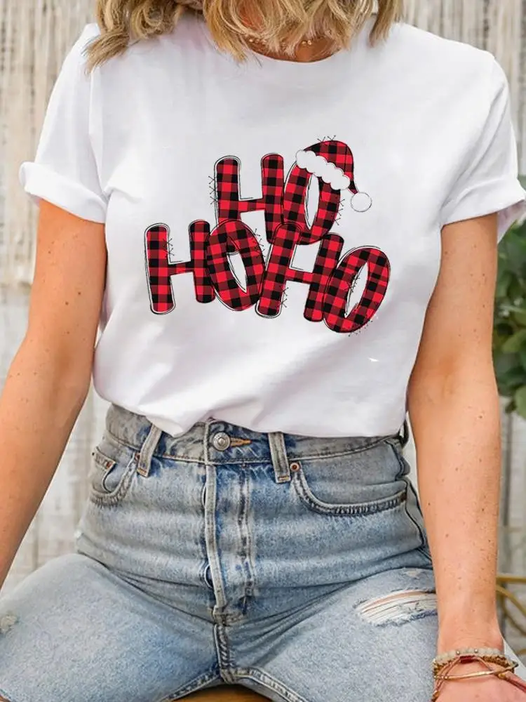 

Tee Top Christmas Lady New Year Short Sleeve Print Plaid Letter Trend Cute Fashion Women Shirt Clothing Clothes Graphic T-shirt