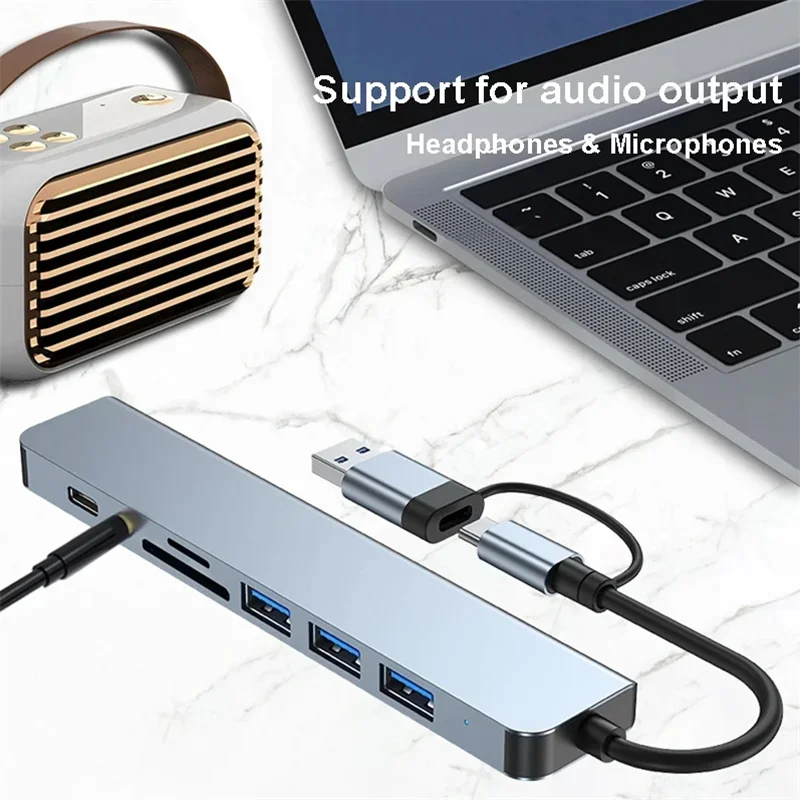 8 In 2 USB HUB With Splitter Card Reader USB C Port USB 3.0 SD/TF Splitter Card Reader Docking Station High Speed Transmission 2