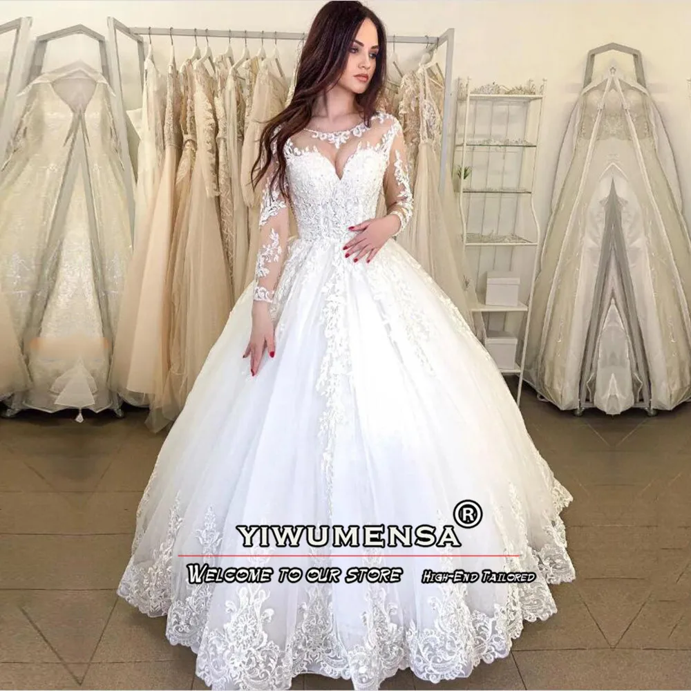 

Vintage White A Line Wedding Dress With Long Sleeves Applique Scoop Neck Bridal Gown Bespoke Bride Marriage Formal Party Clothes