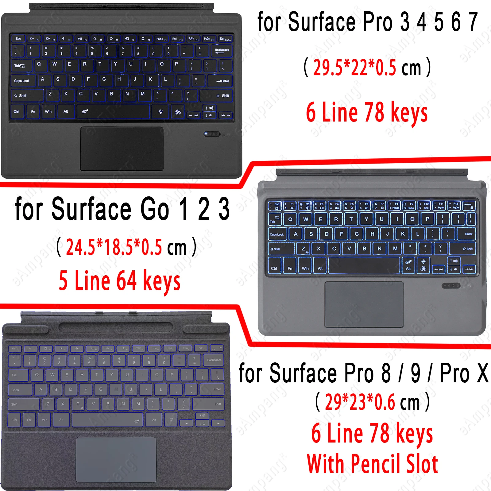 Trackpad Keyboard For Microsoft Surface Pro 3-9 X Go 1-3 Keyboard Russian Spanish Arabic Hebrew Korean French AZERT,trackpad keyboard