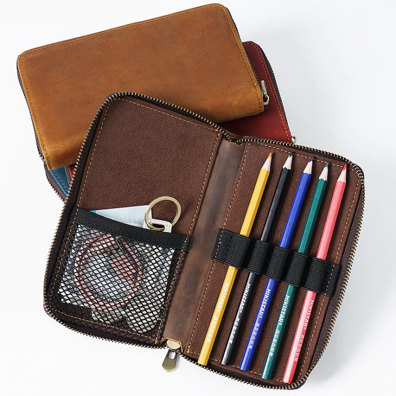 Genuine Leather Zipper Passport Bag Retro Crazy Horse Leather Multi-pencil Bag Large-capacity Stationery Box Pen Box Long Wallet