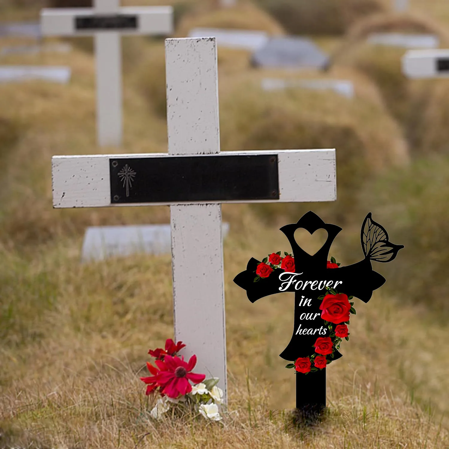 Grave Yard Decorations Waterproof Grave Markers For Outdoors Outdoor Memorial Rose Stakes Memorial Butterfly Garden Stake Metal
