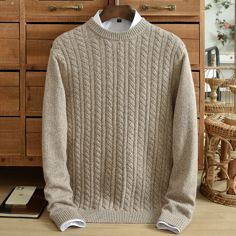 

Winter New Pure Cashmere Sweater Men's Double Strand Thickened Round Neck Pullover Jacquard Stripe Casual Knitted Sweater