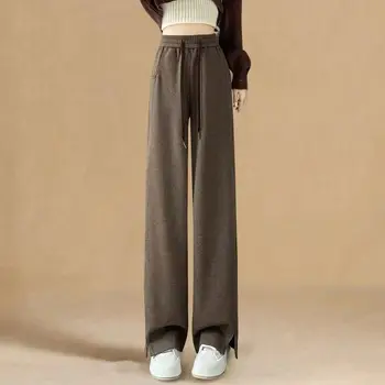 Pantaloni dritti casual spessi a vita alta divisi in peluche a spina di pesce autunno inverno da donna a gamba larga in lana 1