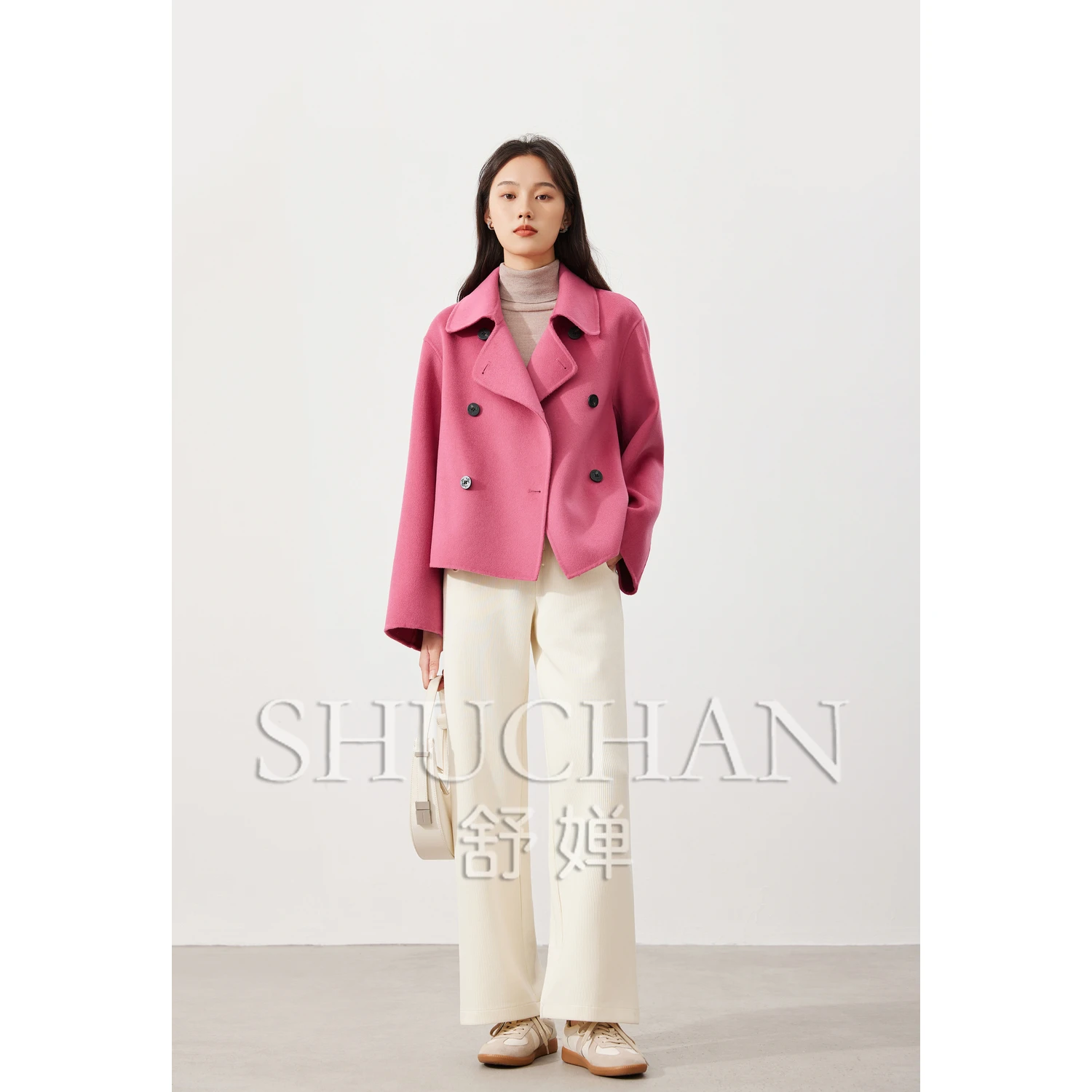 

90% Wool 10% Cashmere Coats and Jackets Women High Street Turn-down Collar Double Breasted Wide-waisted