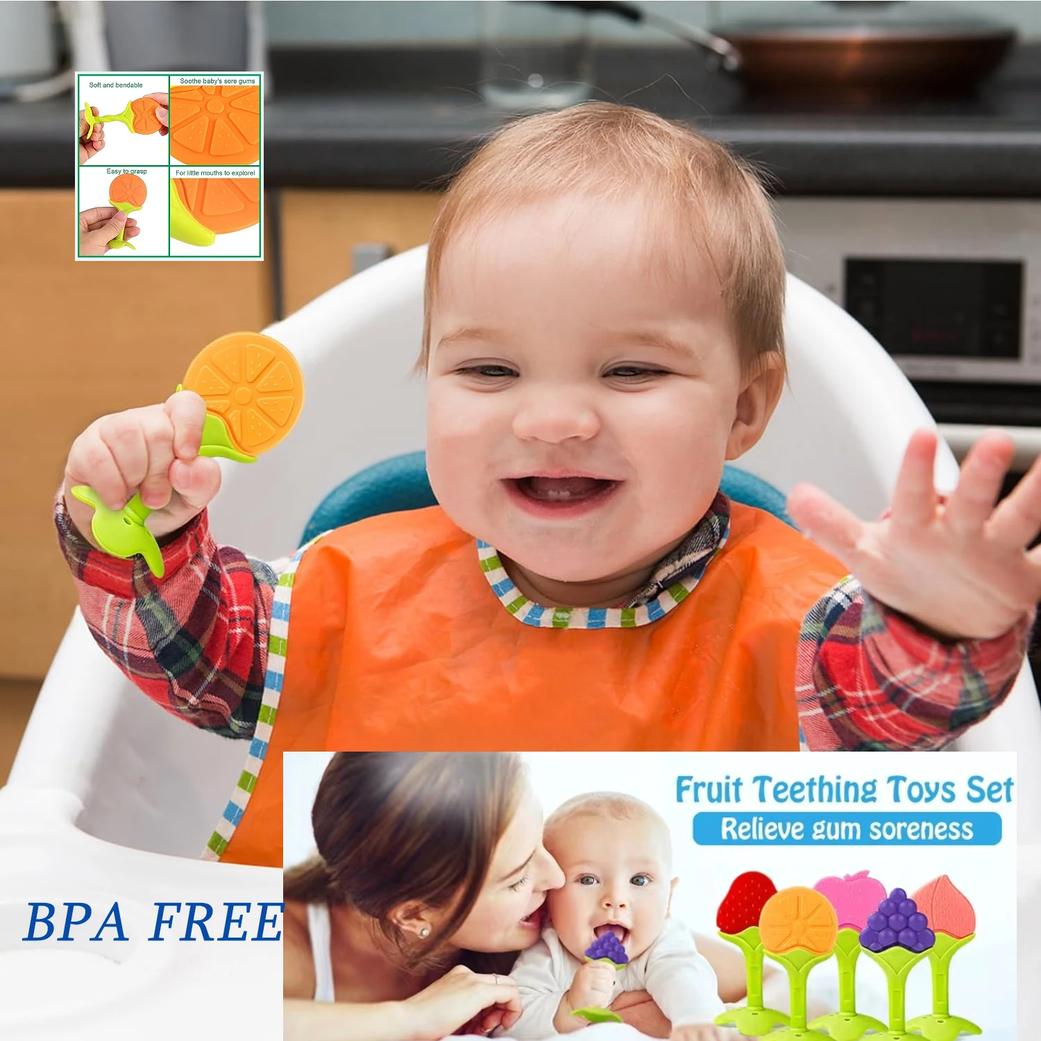 Silicone Teether Teething Baby Toy Silicone Teether For Teeth Babies Accessories Newborn Fruit Sucking Chew Toys For Newborn Baby BPA-Fre Gift