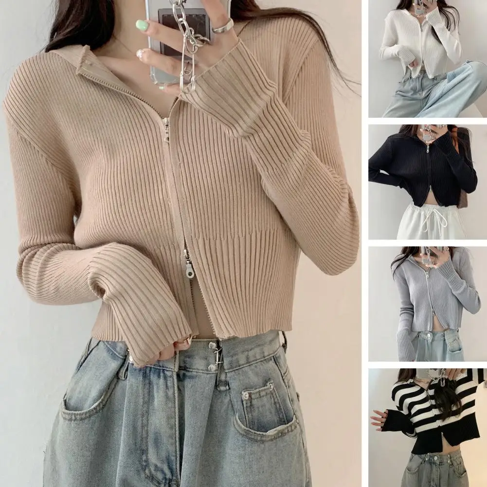 

Soft Women Coat Stylish Women's Knit Cardigans Double-head Zipper Hooded Solid Color Sweater Coats for Spring Autumn Seasons