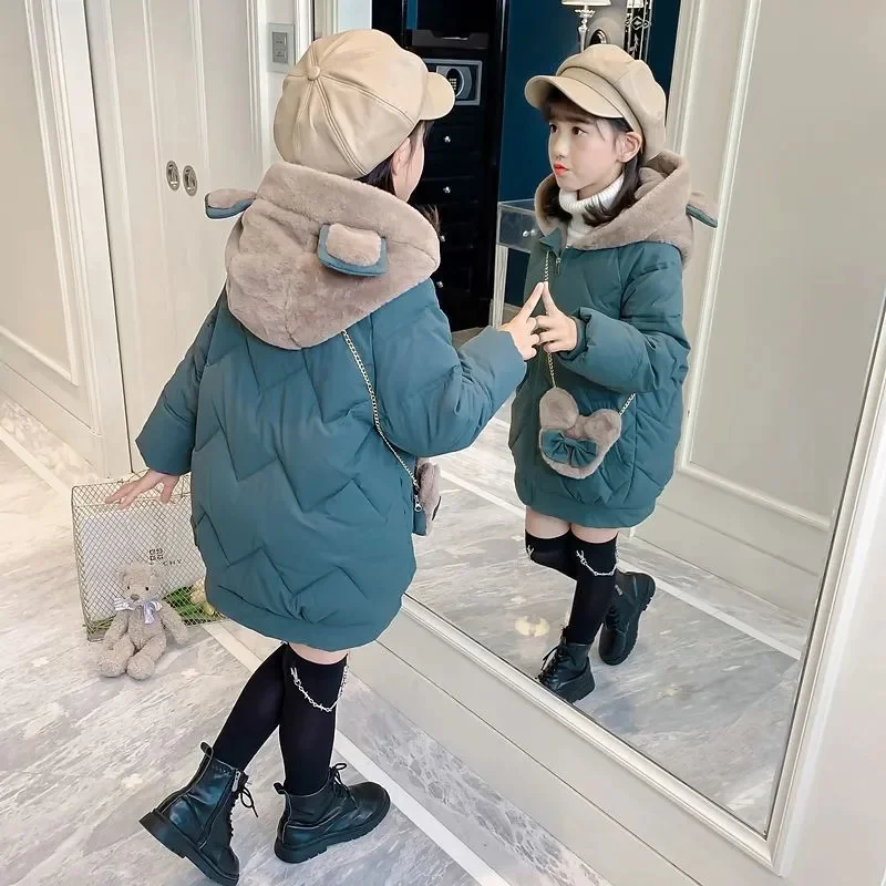 

Girls Clothes Hooded Jackets for Girl Kids Fashion Warm Coats Thicken Outerwear+Cute Cartoon Bag Children Coat TZ982