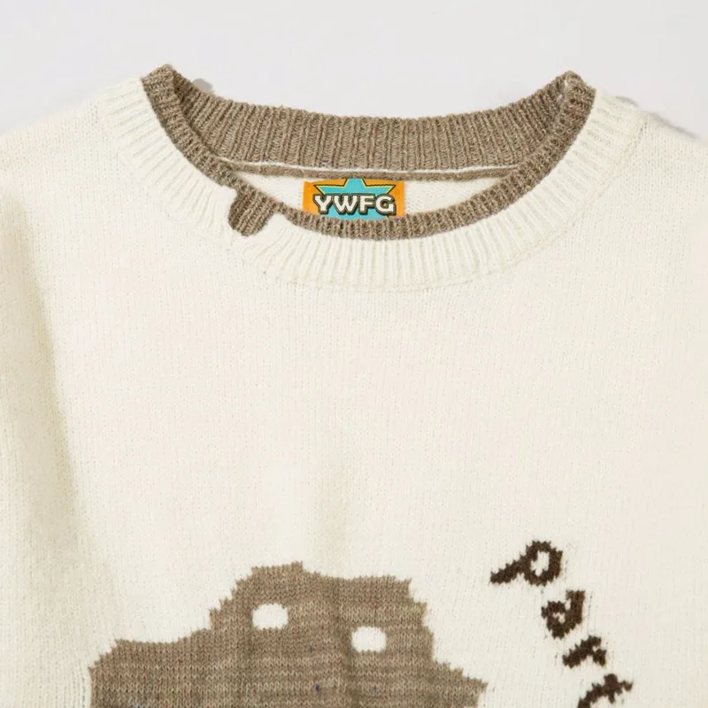 Mens Knitted Sweaters Cartoon Dinosaur Embroidery Harajuku Casual Pullover Jumpers Streetwear Autumn Hip Hop Loose Y2K Clothing