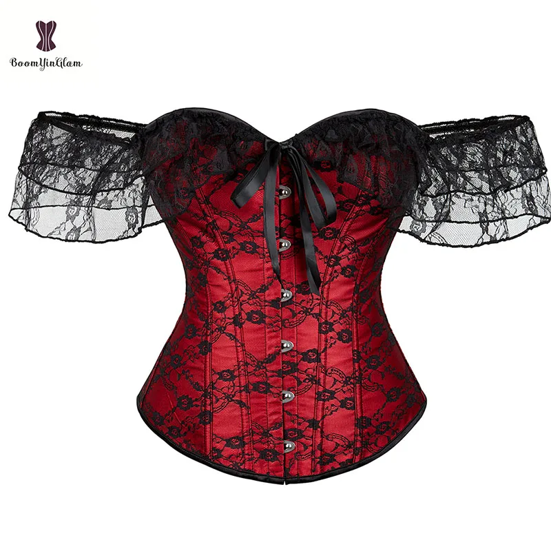 Red Floral X-mas Lingerie Women Outfit Steam Punk Clothing Off Shoulder Lace Up Boned Corsets And Bustiers Victorian Corselet